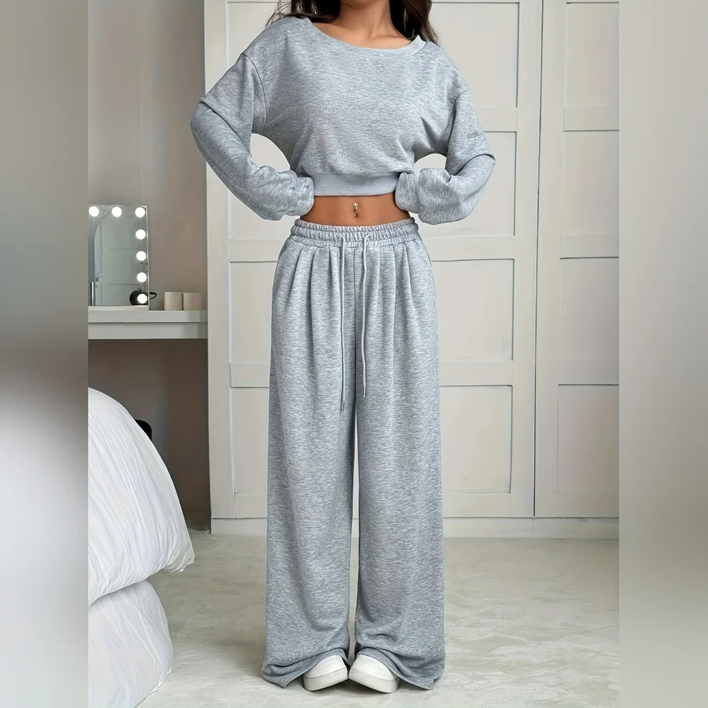 Women's Full Size Boat Neck Crop Top & Wide-Leg Pants Set In Gray Plus Size - Picture 5 of 13